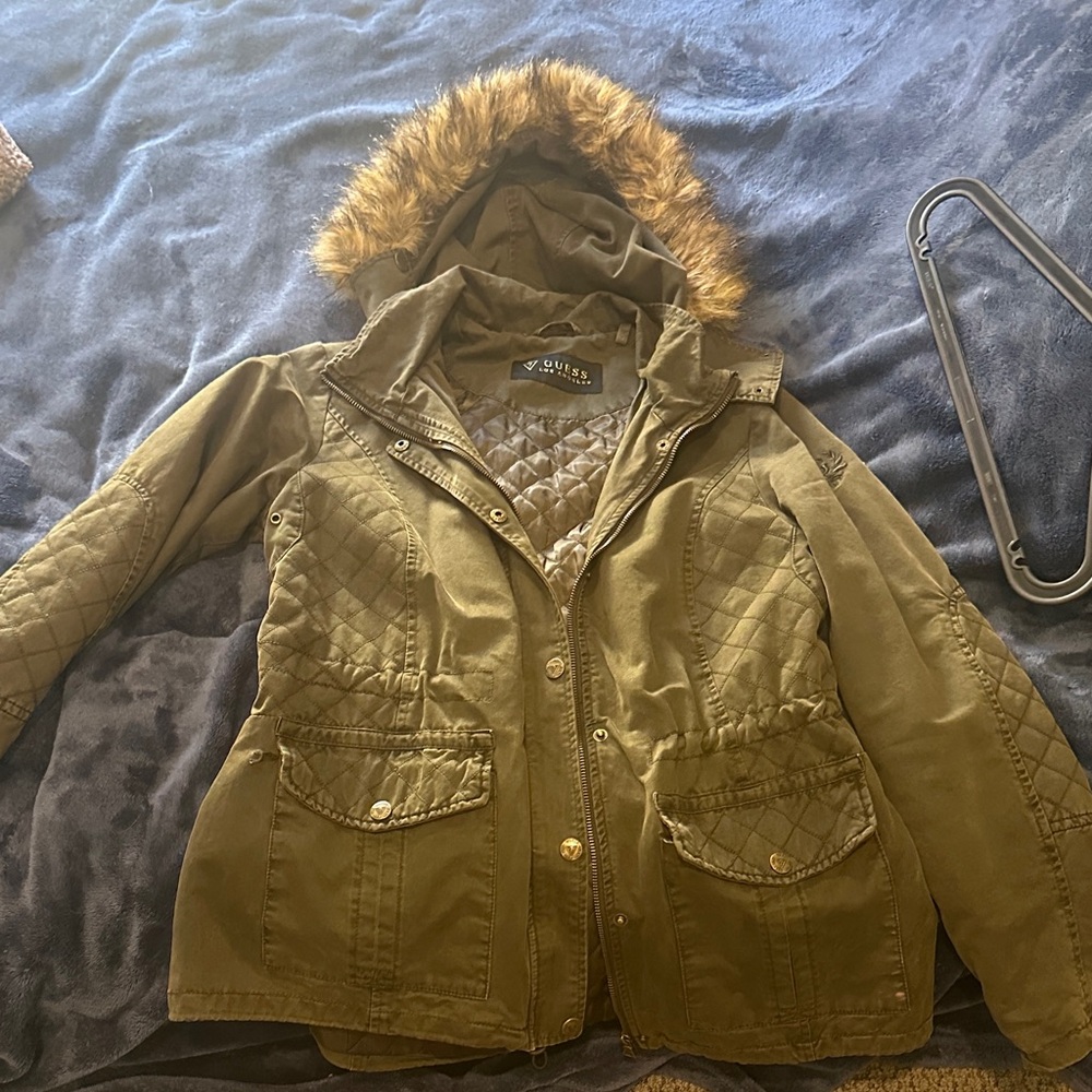Guess Olive Jacket with Faux Fur Hood